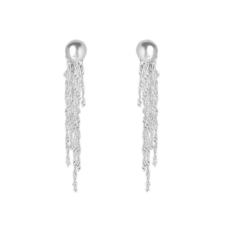 Super shiny metal chain with tassel pearl stud earrings, feminine retro earrings, personalized long earrings and earrings Item Picture