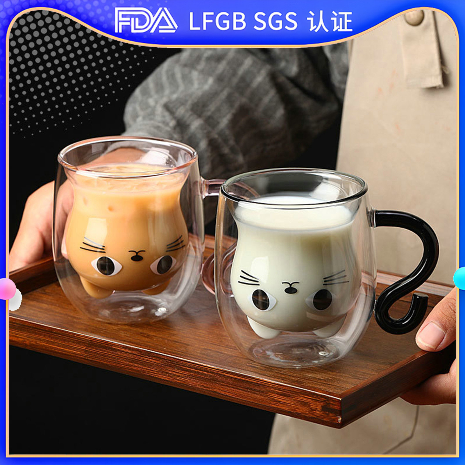 Creative gifts: cat cups, home breakfast coffee cups, high-temperature resistant milk cups, double-layer glass cups, cute pets full figure
