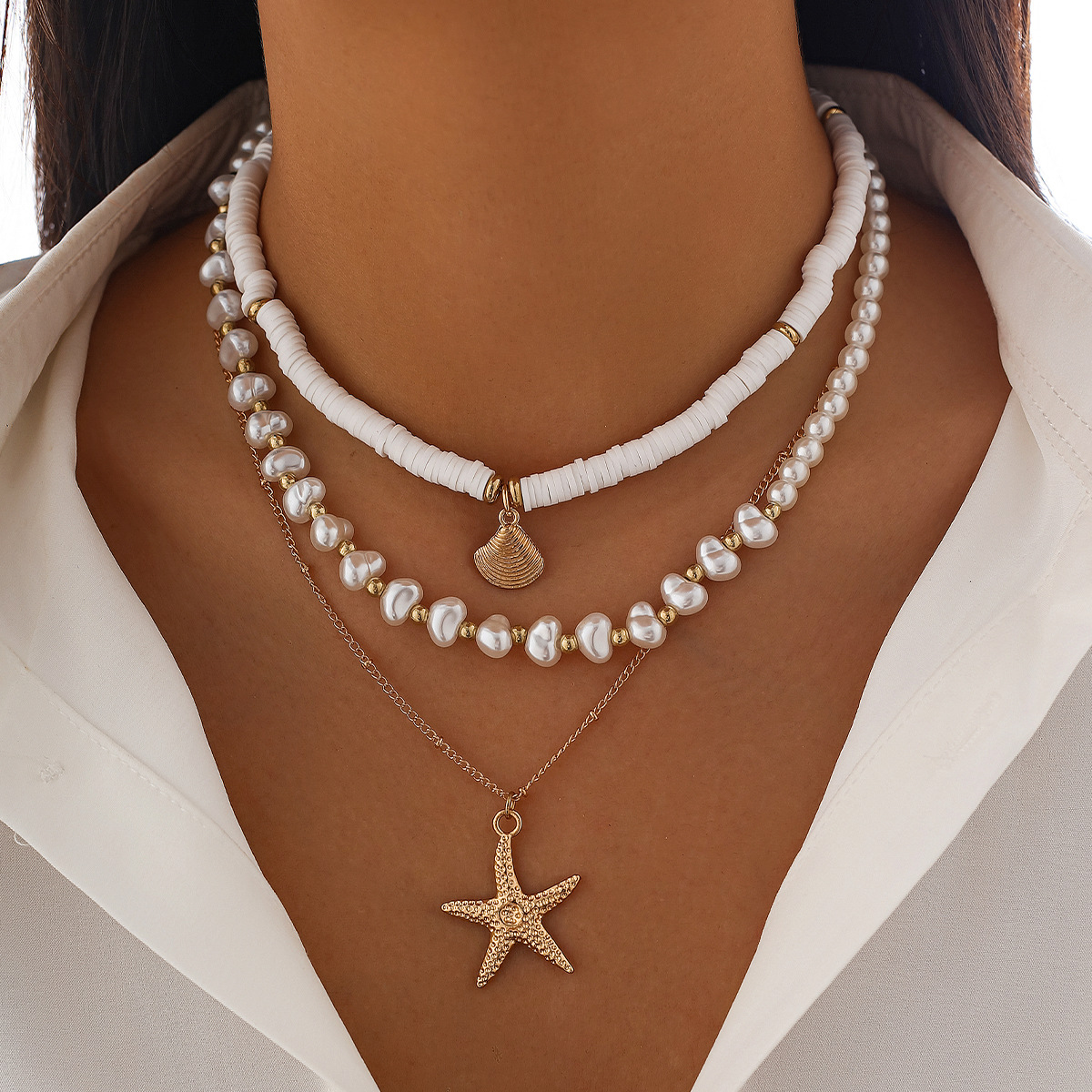 European and American cross-border jewelry, ins starfish imitation pearl necklace set, niche alloy irregular multi-layer collarbone chain details Picture