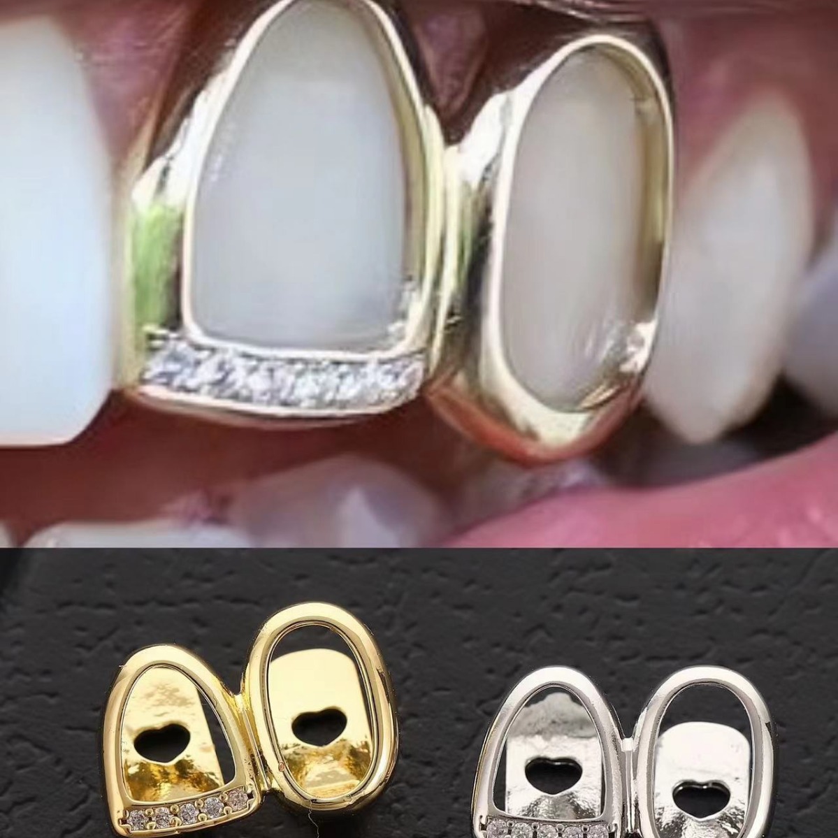 Cross-border European and American hip-hop bestsellers, Zircon micro-inlaid dental crowns teethgrillz hip-hop double teeth gold-plated teeth Specification drawing