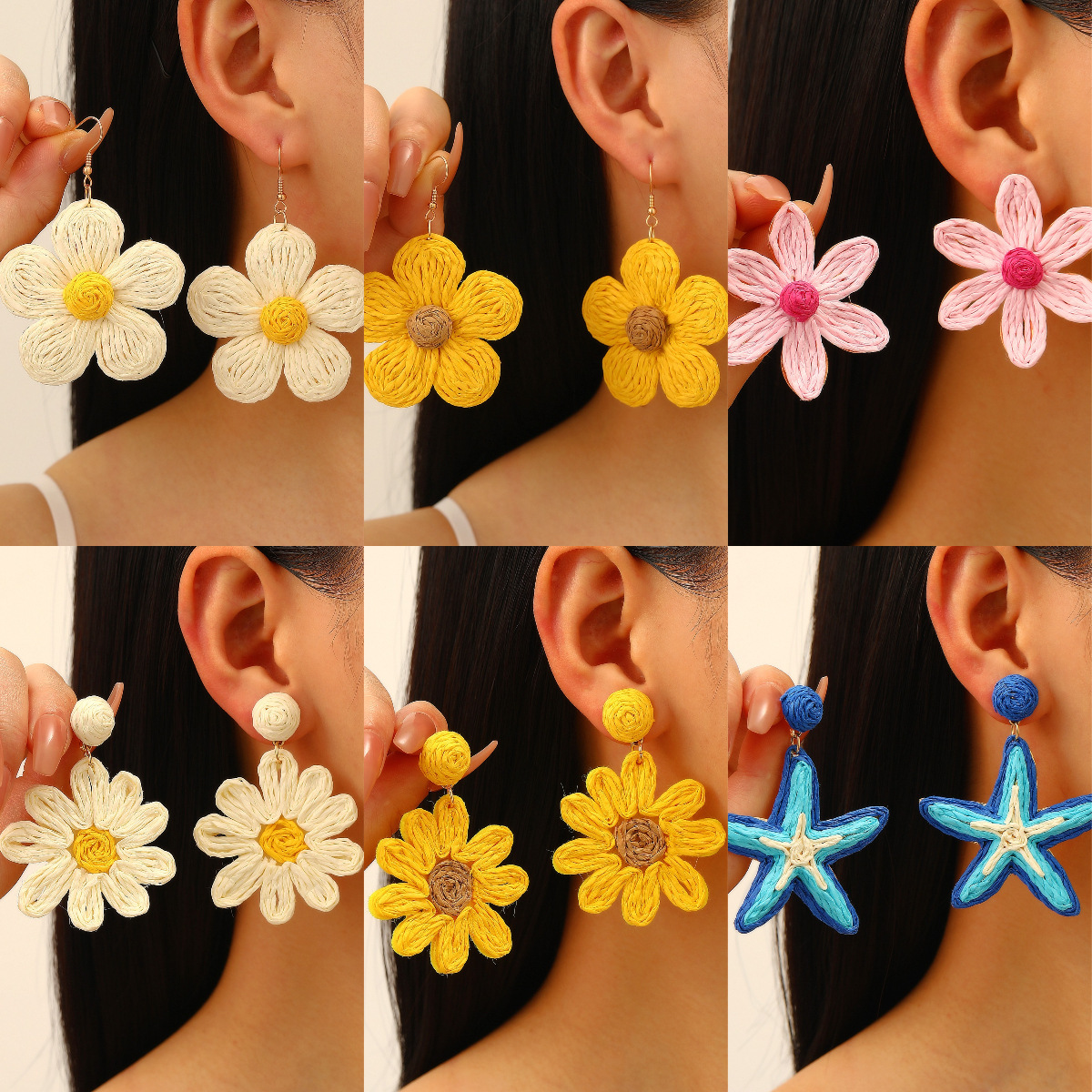 Summer flower earrings for women, dopamine vacation style, exaggerated starfish stud earrings, hand-woven raffia grass earrings for women details Picture