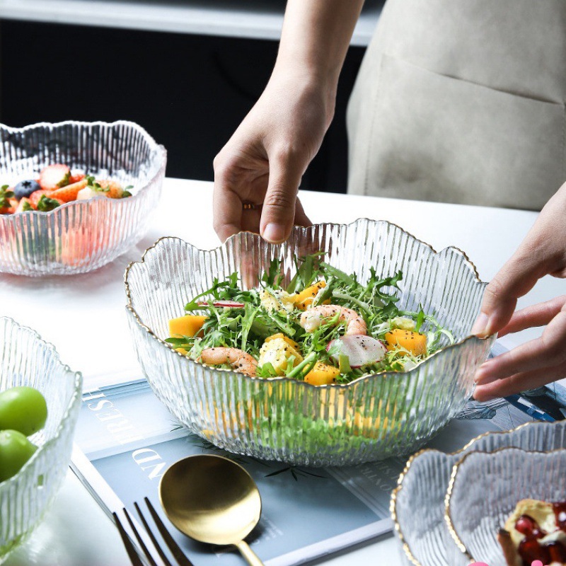 Nordic creative irregular glass bowl, thickened household fruit bowl, tea-washing striped golden edge sunflower salad bowl details Picture