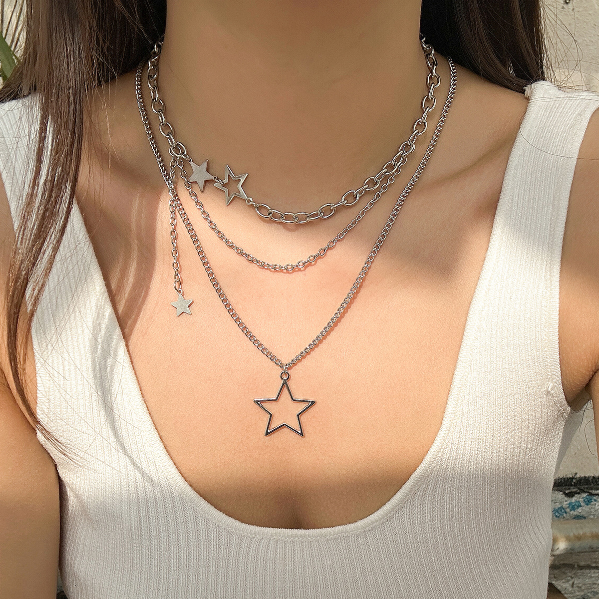 European and American cross-border jewelry cold style hollowed-out five-pointed star-shaped pendant three-layer layered necklace necklace Application Scenario