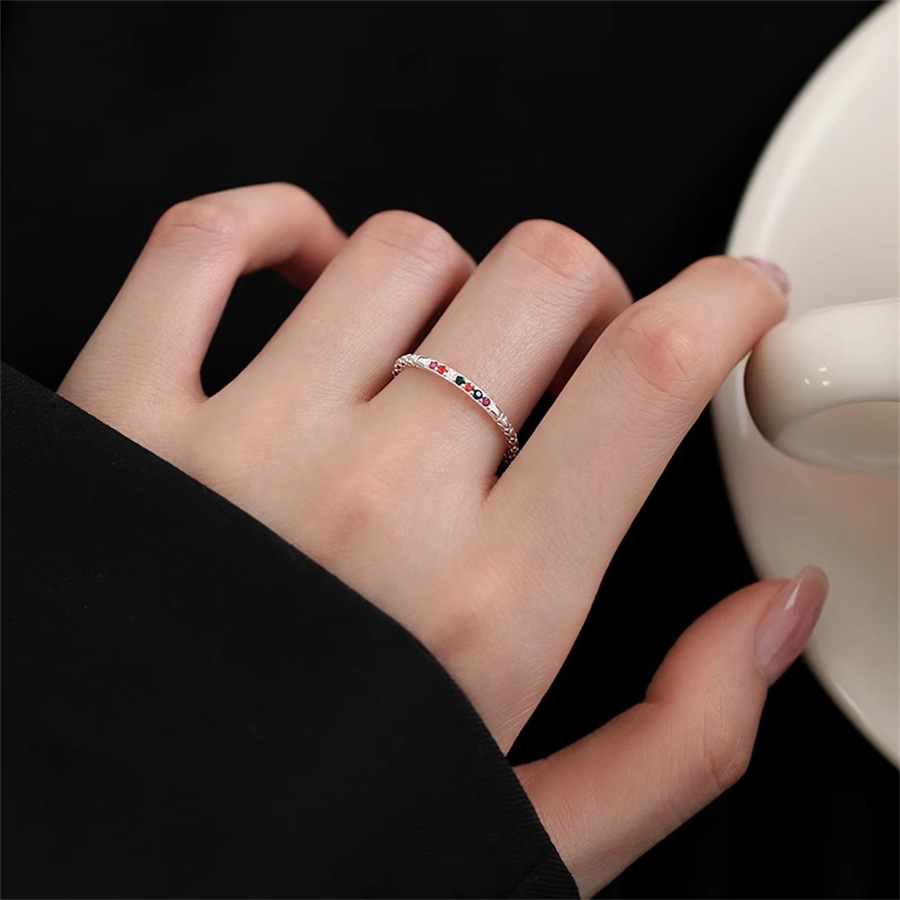 Rainbow fine sparkling diamond ring for women, 925 silver, niche design, light luxury index finger ring, simple ring, versatile open ring tail ring Specification drawing