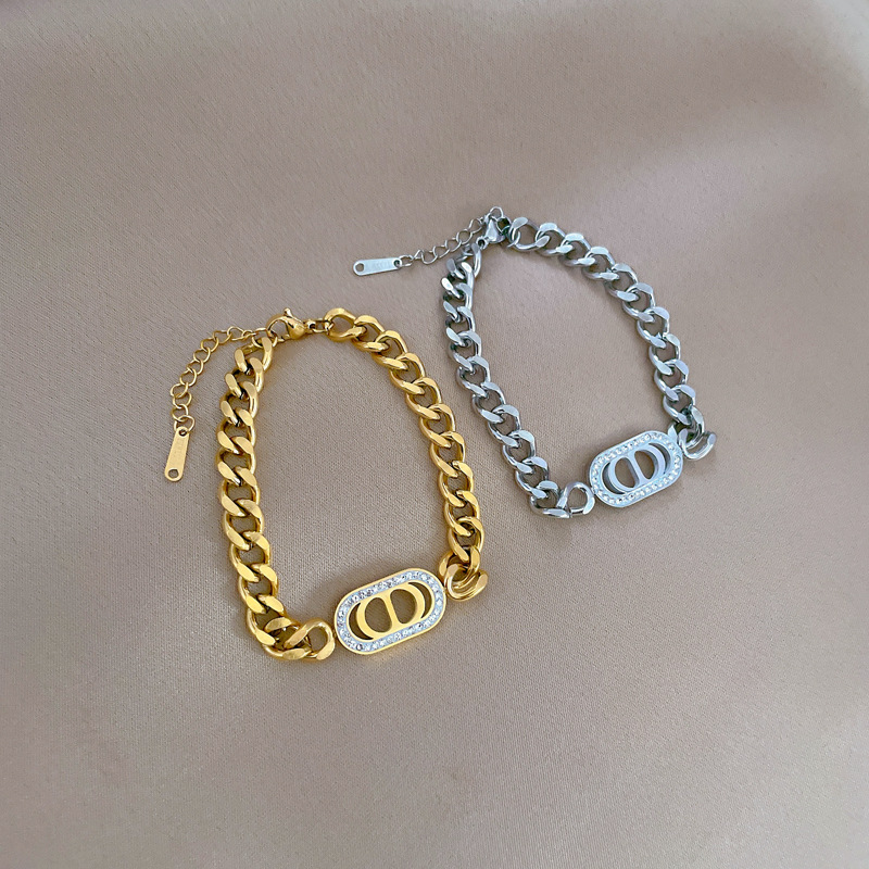 【 All-titanium Steel 】 Dongdaemun Minimalist style CD Full Diamond chain bracelet Female Internet celebrity retro best friend Specification drawing