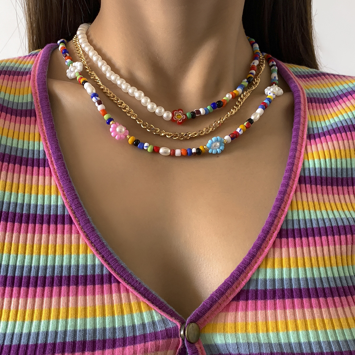 European and American cross-border jewelry, sweet and cool style color-blocking beaded metal chain necklace, ethnic style rice bead set necklace full figure