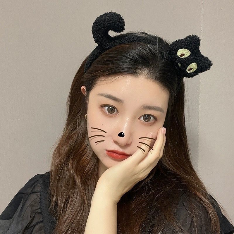 Black cat headband, cute cat washing face, women's autumn and winter Internet celebrity new headwear, children's headband, plush hair tie, hair clip Specification drawing