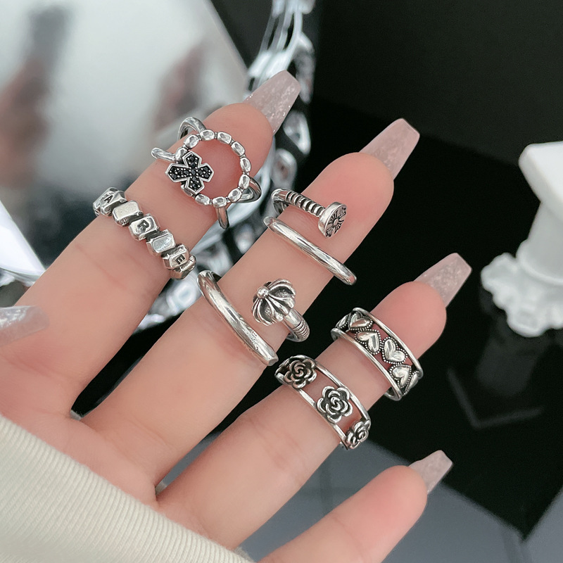 Retro and aged, fashionable, versatile, simple and open ring with nail, plain ring, women's Instagram cold style irregular index finger ring Specification drawing