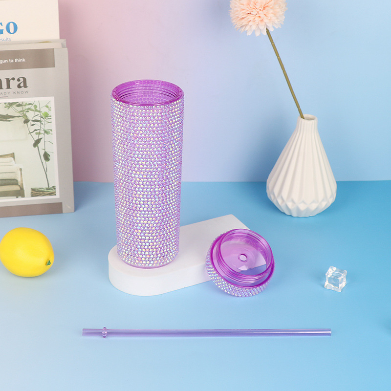 Cross-border exclusive double-layer diamond-encrusted plastic cups 16OZ straight straw cups, personalized party commuting water cups factory wholesale Specification drawing