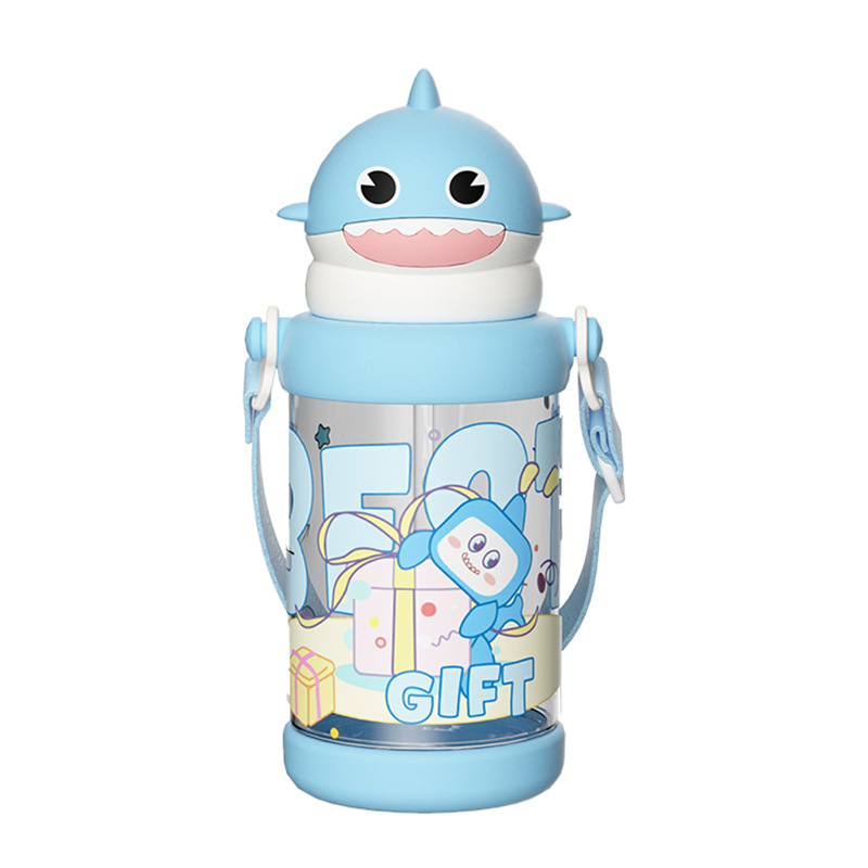 High-appearancy-level summer internet-famous plastic cup, cartoon children's outdoor portable and cute water cup with shoulder strap, little shark water cup Item Picture