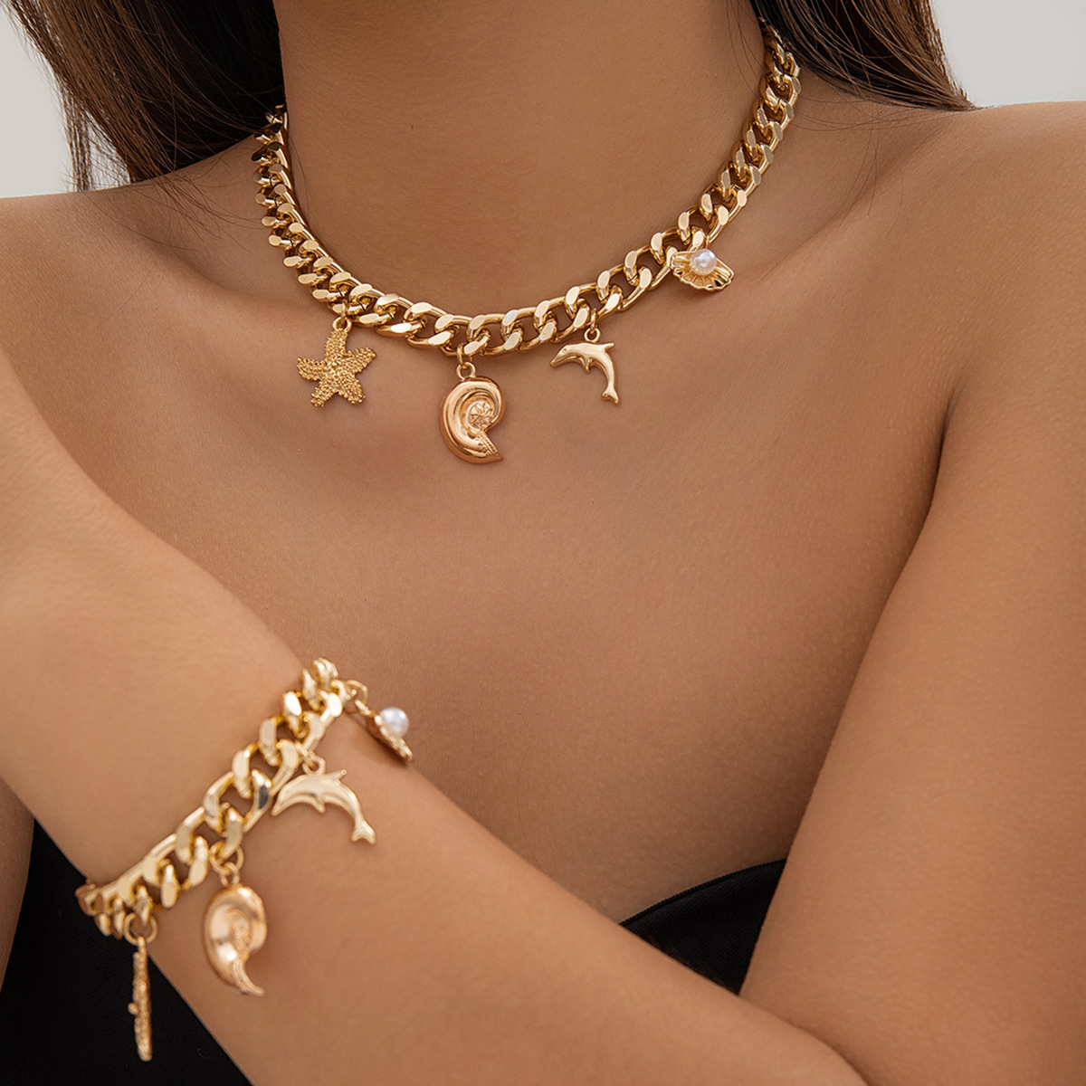 European and American cross-border jewelry ocean-style dolphin shell imitation pearl necklace for women, mixed and matched beach star-shaped pendant necklace full figure