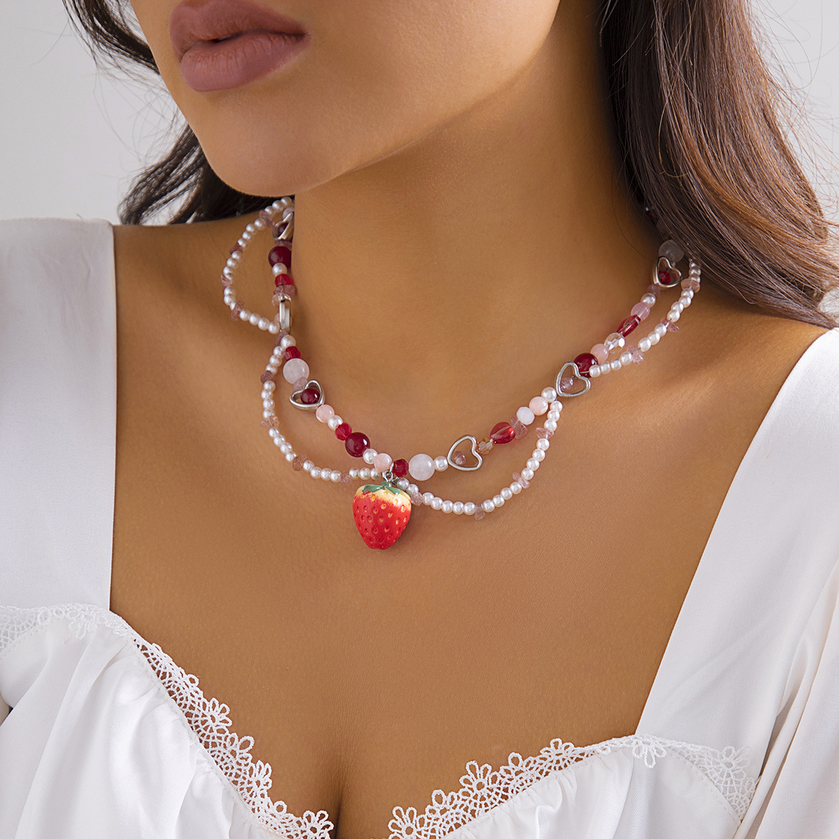 European and American cross-border jewelry, hot girl beaded, niche y2k necklace, heart-shaped imitation pearl cross choker necklace details Picture