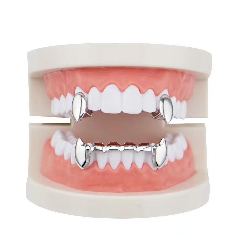 European and American hiphop glossy hip-hop braces, single pointed braces, decorative small tiger teeth sets, Vampire gold braces details Picture