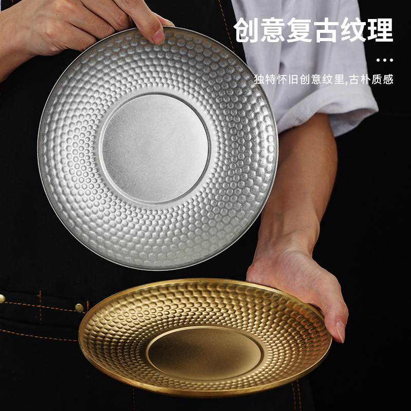 Retro stainless steel Japanese-style round plate creative fruit dessert tray Outdoor camping 304 diamond pattern hammer pattern plate Specification drawing