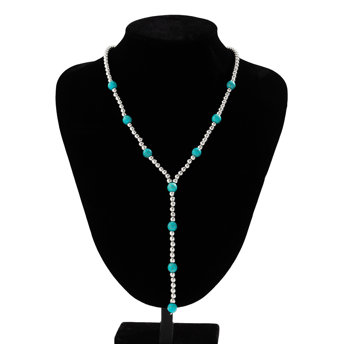 European and American cross-border jewelry, vacation style, retro turquoise beaded collarbone neck chain, niche retro long tassel necklace Item Picture