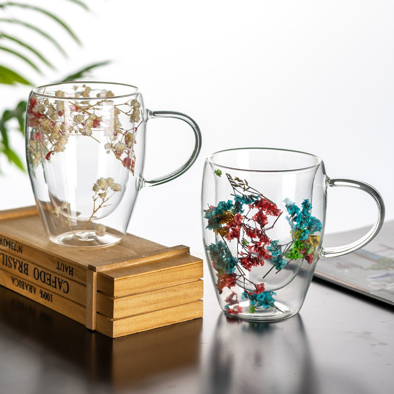 Double-layer coffee cups, household glass cups, high-temperature resistant and anti-scald water cups, dried flower mugs, exquisite latte cups wholesale details Picture