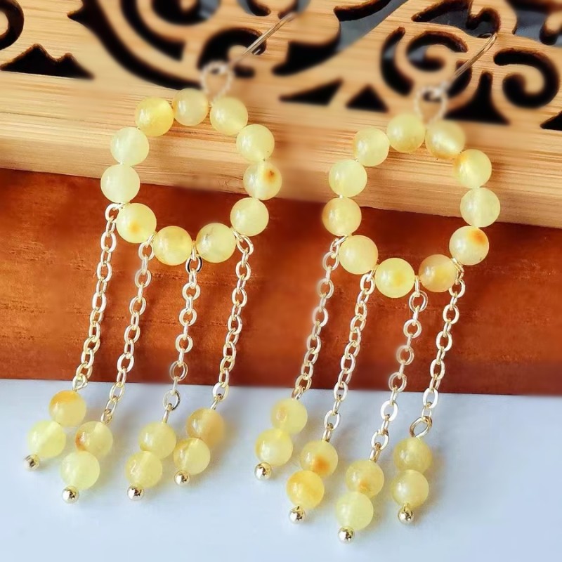 New Chinese-style ancient-style long beaded tassel stud earrings, versatile and feminine whitening earrings, vacation-style earrings details Picture