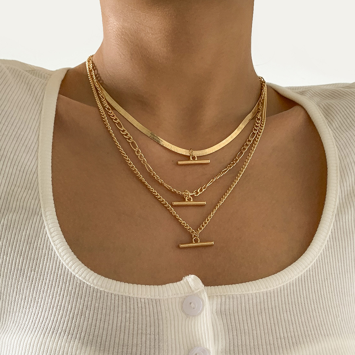 European and American cross-border personalized and simple copper chain multi-element set necklace, fashionable geometric alloy T-shaped jewelry for women full figure