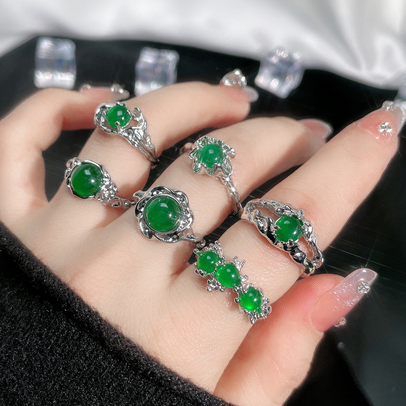 Retro Chinese trend, ancient style imitation jade open ring, women's unique and fashionable, ins style, niche and high-end index finger ring full figure