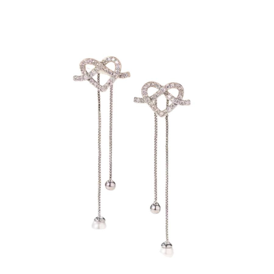 "Elf Swaying zirconium heart-shaped back-hanging pearl tassel earrings, high-end and elegant female earrings and stud earrings wholesale. Item Picture