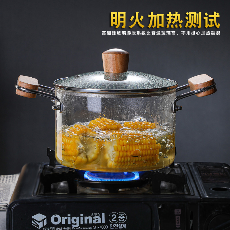 High borosilicate anti-scald and heat-insulating soup pot, wooden bead glass cover, glass steamer, open flame heating, double-ear wooden handle stew pot details Picture