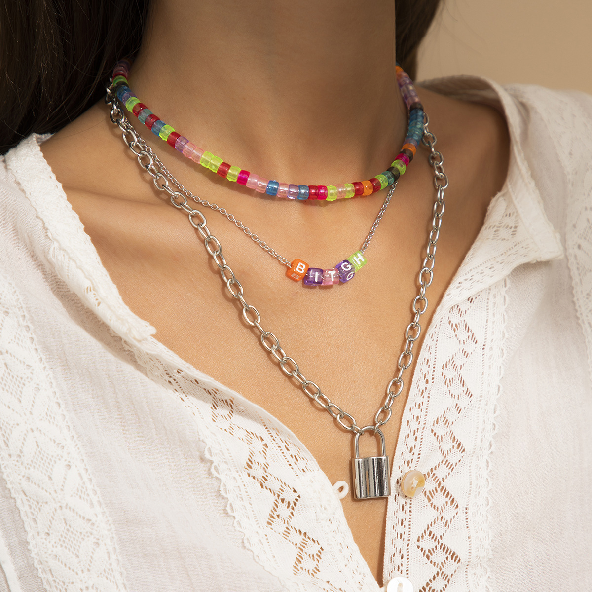 Simple and fashionable colorful rice bead letter necklace, country retro style lock buckle combination necklace, European and American cross-border jewelry full figure