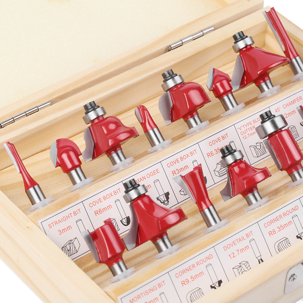 15-piece set of 1/4 handle, 1/2 handle, 8 handle, 6 handle woodworking milling cutter sets, decoration edge machine, 12-piece set of woodworking slotting milling cutters Specification drawing