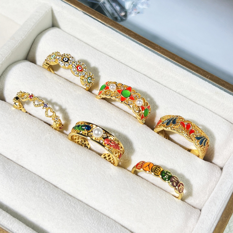 The antique Chinese trend style enamel hollowed-out fashionable geometric eye ring is adjustable, exuding a sense of high-end simplicity and versatility. It's a trendy ring Specification drawing