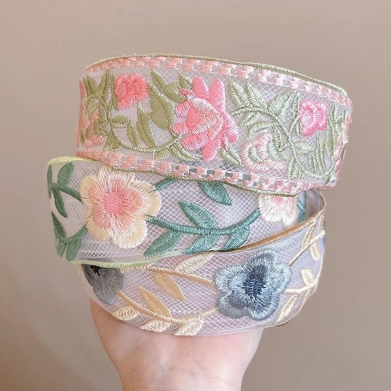 New Chinese-style high-end embroidered flower headband, female ethnic style floral cotton and linen fabric wide edge high head top headband Specification drawing