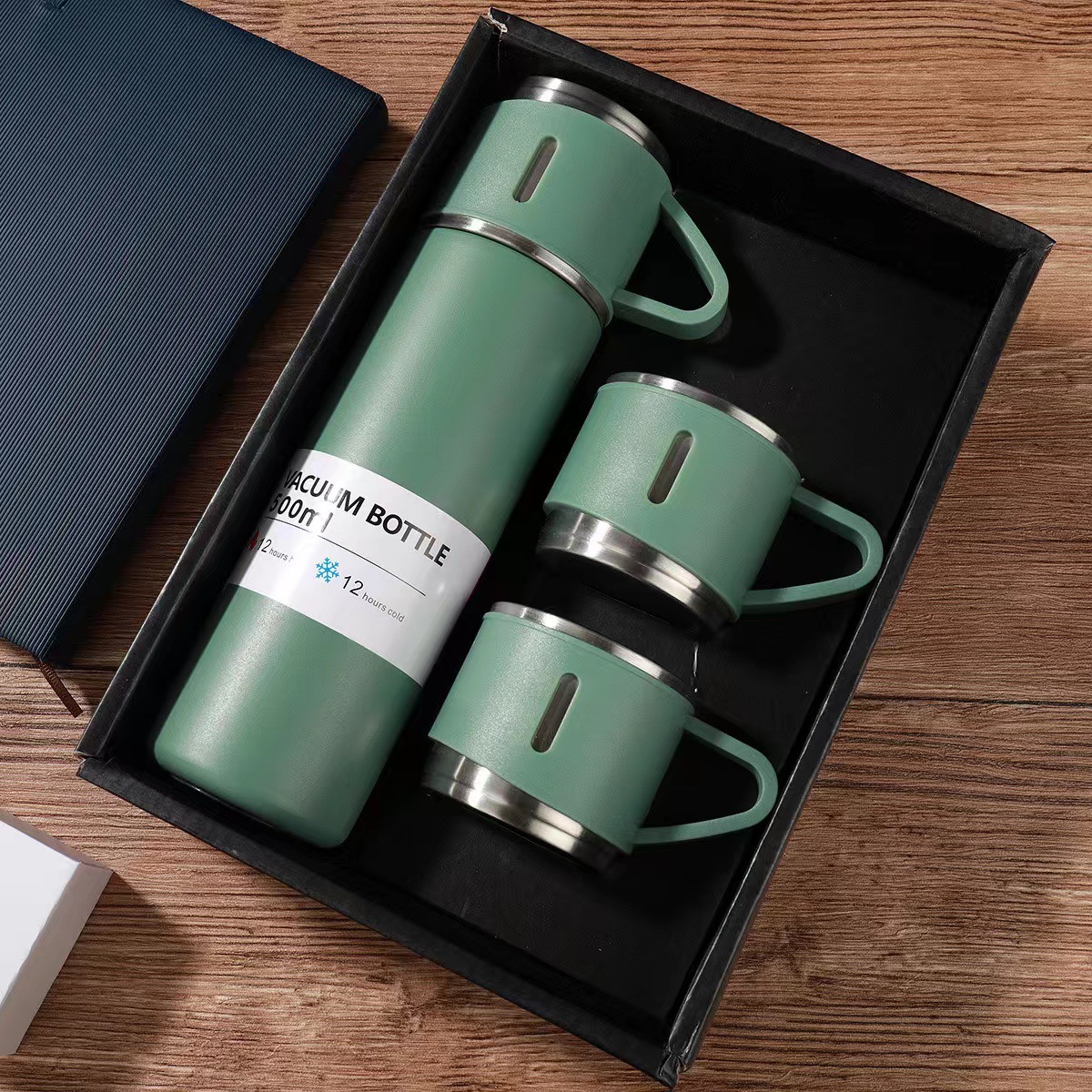 A three-lid water cup, stainless steel sleeping bar, portable bullet-shaped insulated cup, high-end set gift box, business gift cup Specification drawing
