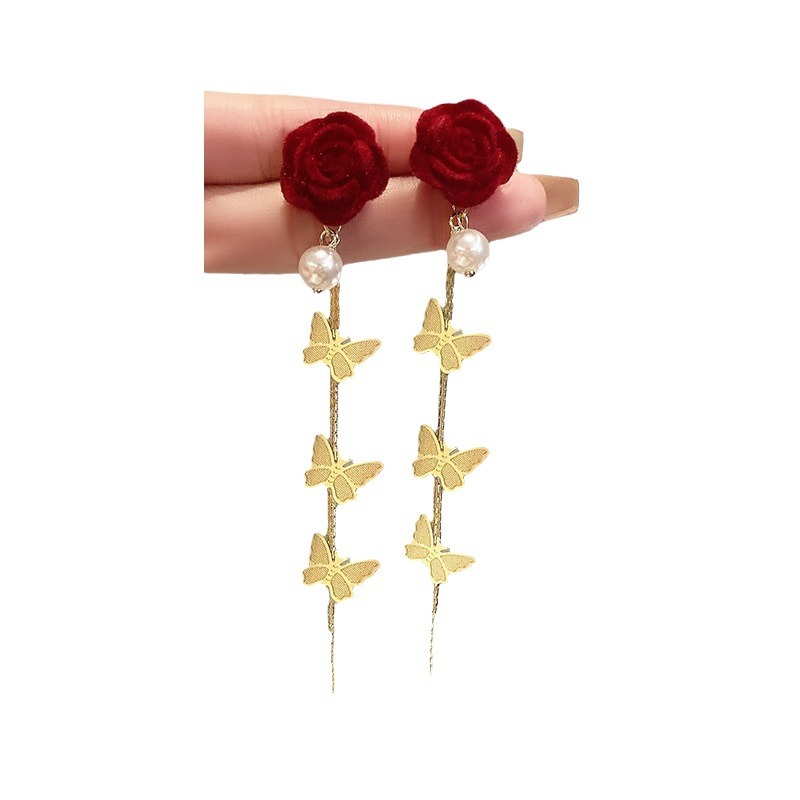 Red flower earrings, long butterfly tassel stud earrings, new autumn and winter women's light luxury and high-end style earrings Item Picture