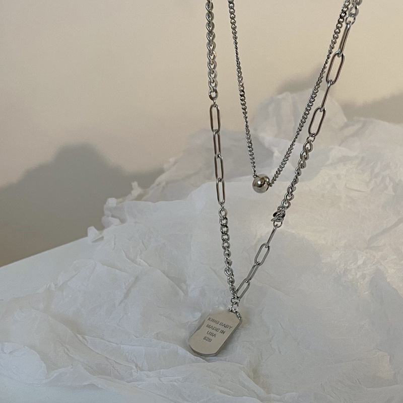 Double-layer stacked nameplate titanium steel sweater necklace for women's autumn and winter 2023 new trendy and popular hoodie chain long accessory details Picture