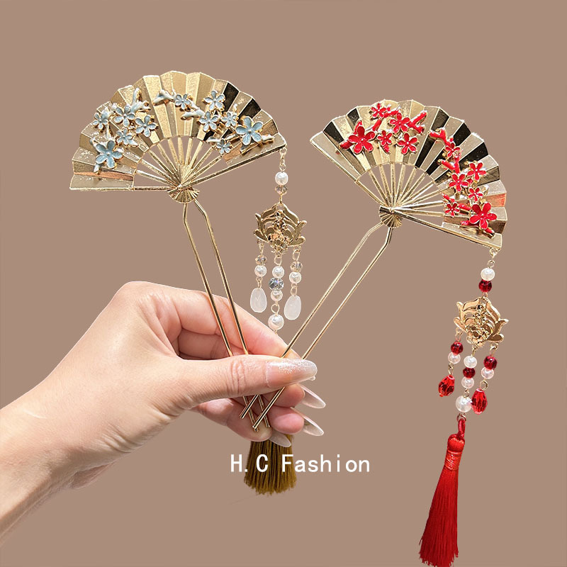 New Chinese-style fan-shaped tassel hairpins for women, a niche and high-end U-shaped hairpin, a cheongsam ancient-style hairpin accessory Specification drawing