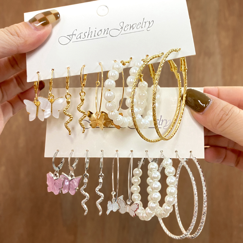Cross-border source fashion combination earrings, simple 38-pair creative butterfly pearl stud earrings set Specification drawing