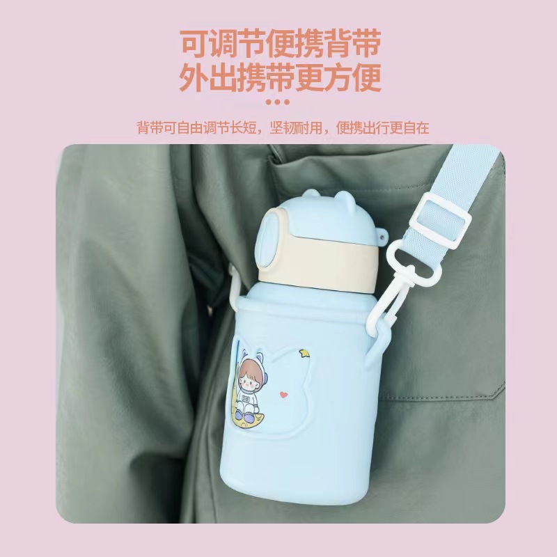 Wholesale and printing of children's straw cups, cartoon double-layer stainless steel insulated cups, student silicone sleeves, large-capacity insulated kettles Item Picture