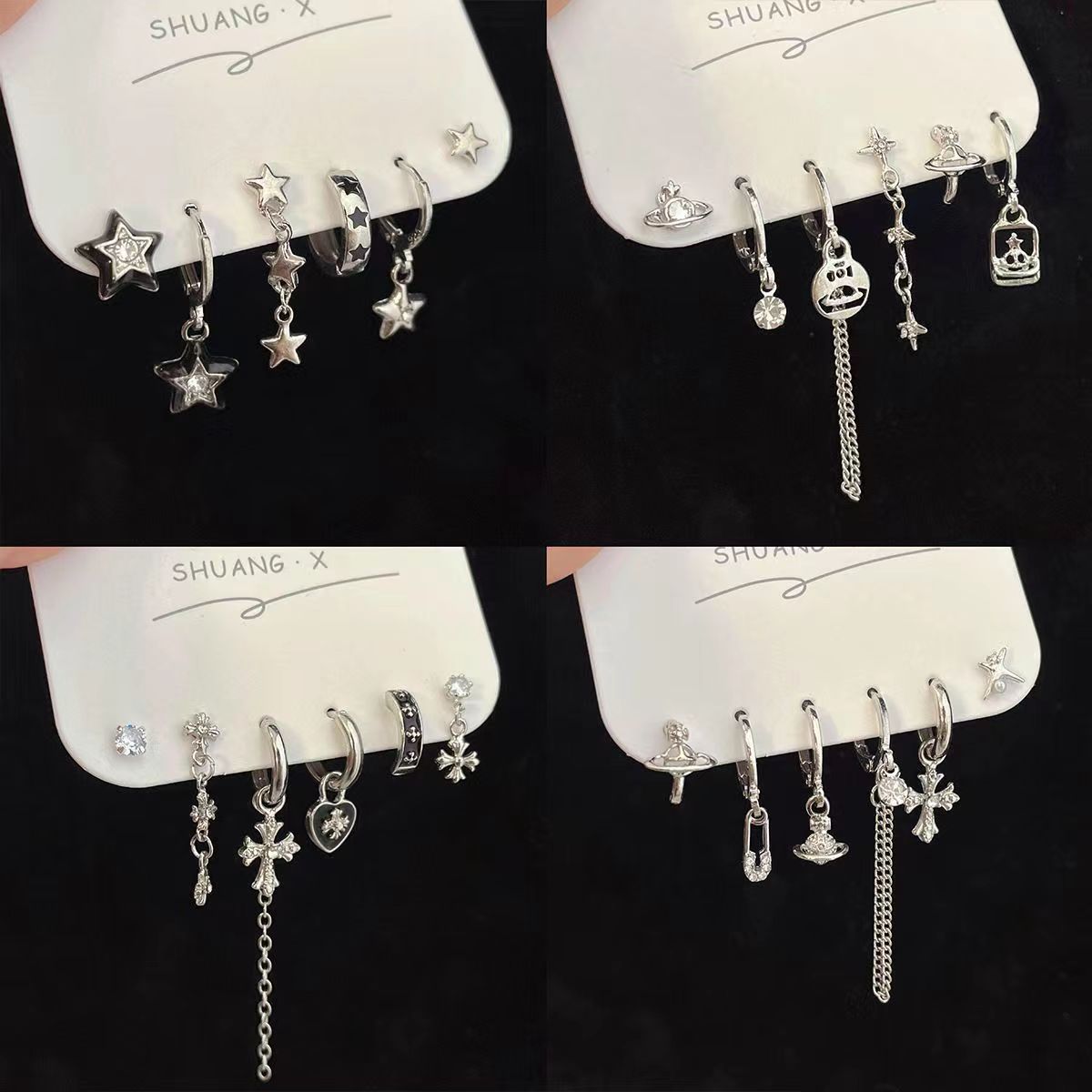 A set of six retro European and American cross star earring earrings with a minimalist diamond-encrusted design for women full figure