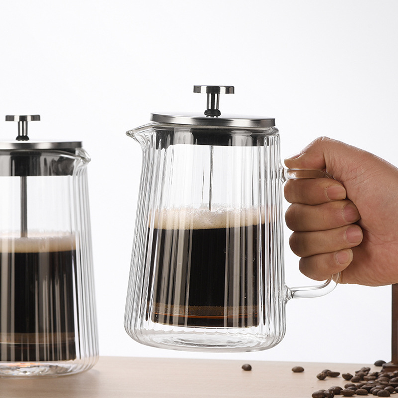 High-quality appearance level glass double-layer French press, heat-resistant coffee sharing pot, vertical pattern coffee ware, household filter tea brewer Specification drawing