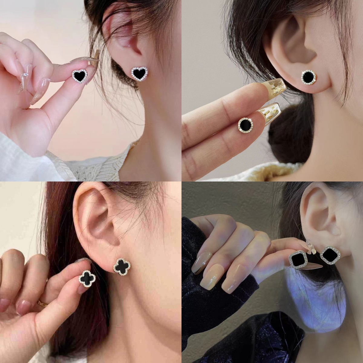 Classic black geometric micro-inlaid stud earrings for women, simple and versatile, small design sense earrings, exquisite and fashionable, cold style ears full figure