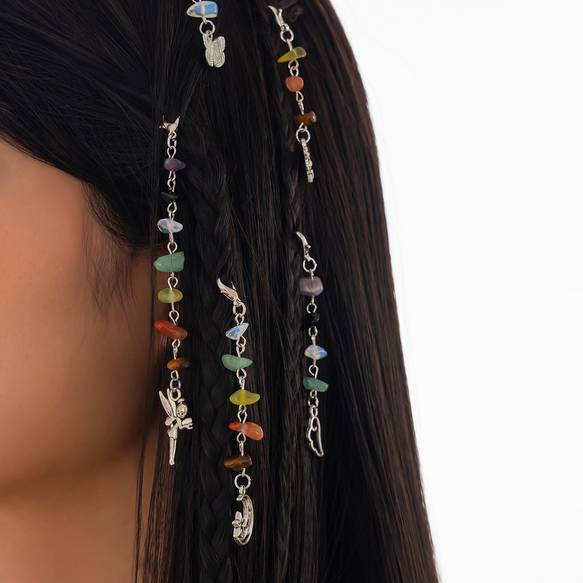 European and American cross-border best-selling headwear, multi-element tassel combination hair chain set, colorful crushed stone braided hair fashion hair accessory details Picture