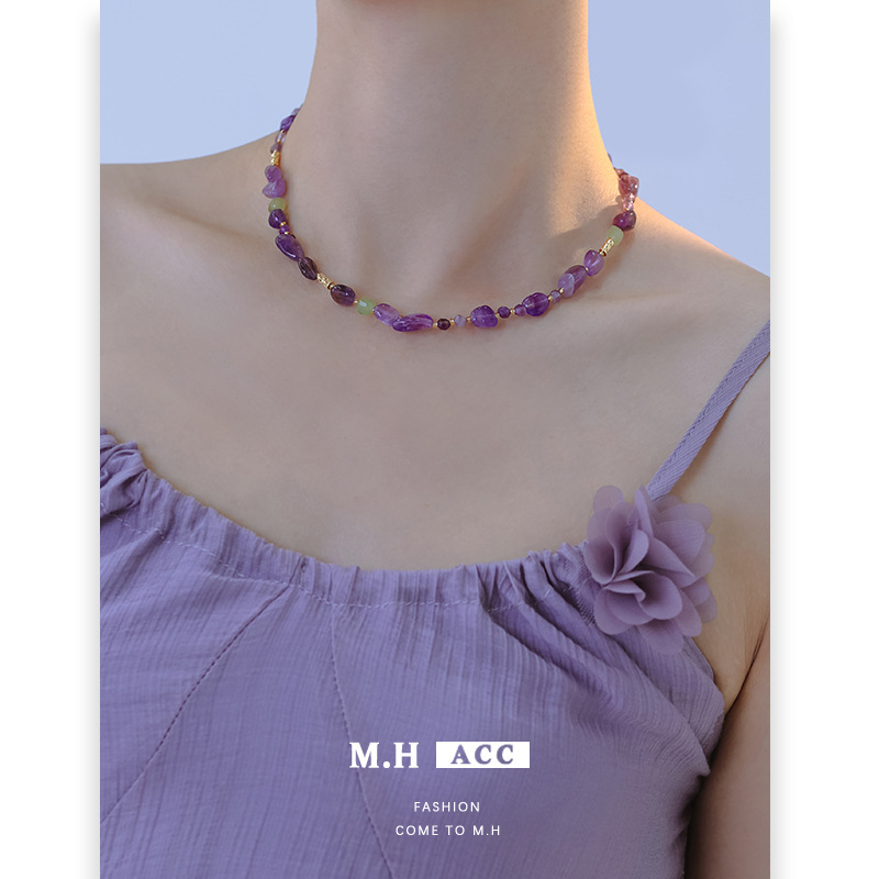 Summer new dopamine amethyst grapevine necklace for women, a retro and high-end, light luxury and niche collarbone chain details Picture
