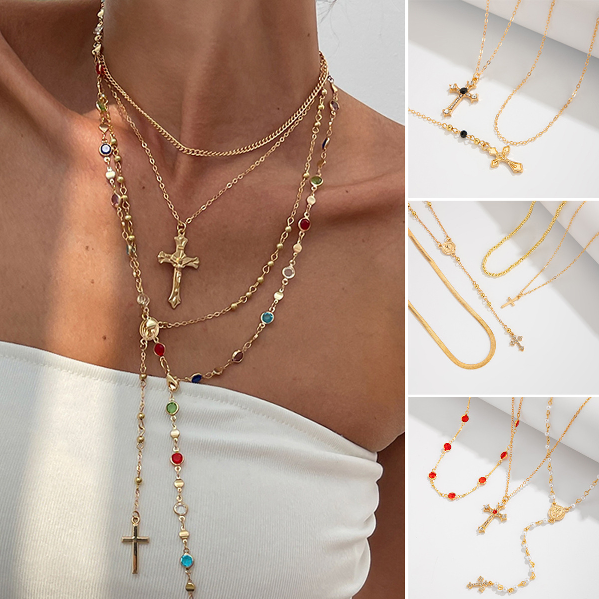A 3-piece set of cross-border European and American jewelry, a diamond-encrusted cross chain necklace, a small flower crystal copper bag and iron chain necklace details Picture