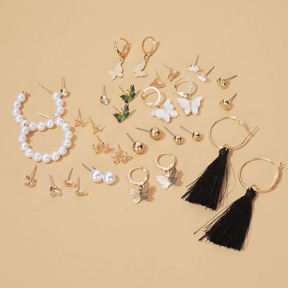 Cross-border earrings Butterfly Pearl Zircon heart Stud set 16 pairs simple earrings earrings set batch details Picture