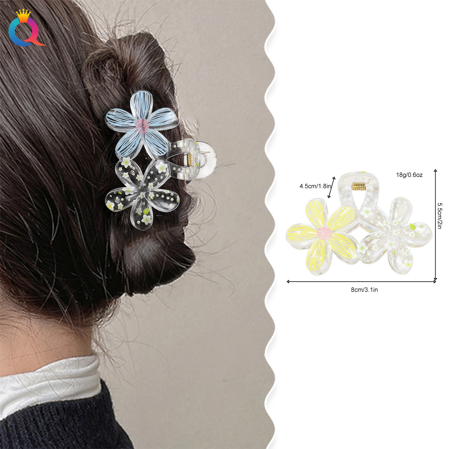 Wholesale of Qiyue's new fresh and delicate printed five-petal flower grabbler women's creative updo ponytail hairpin shark clip details Picture