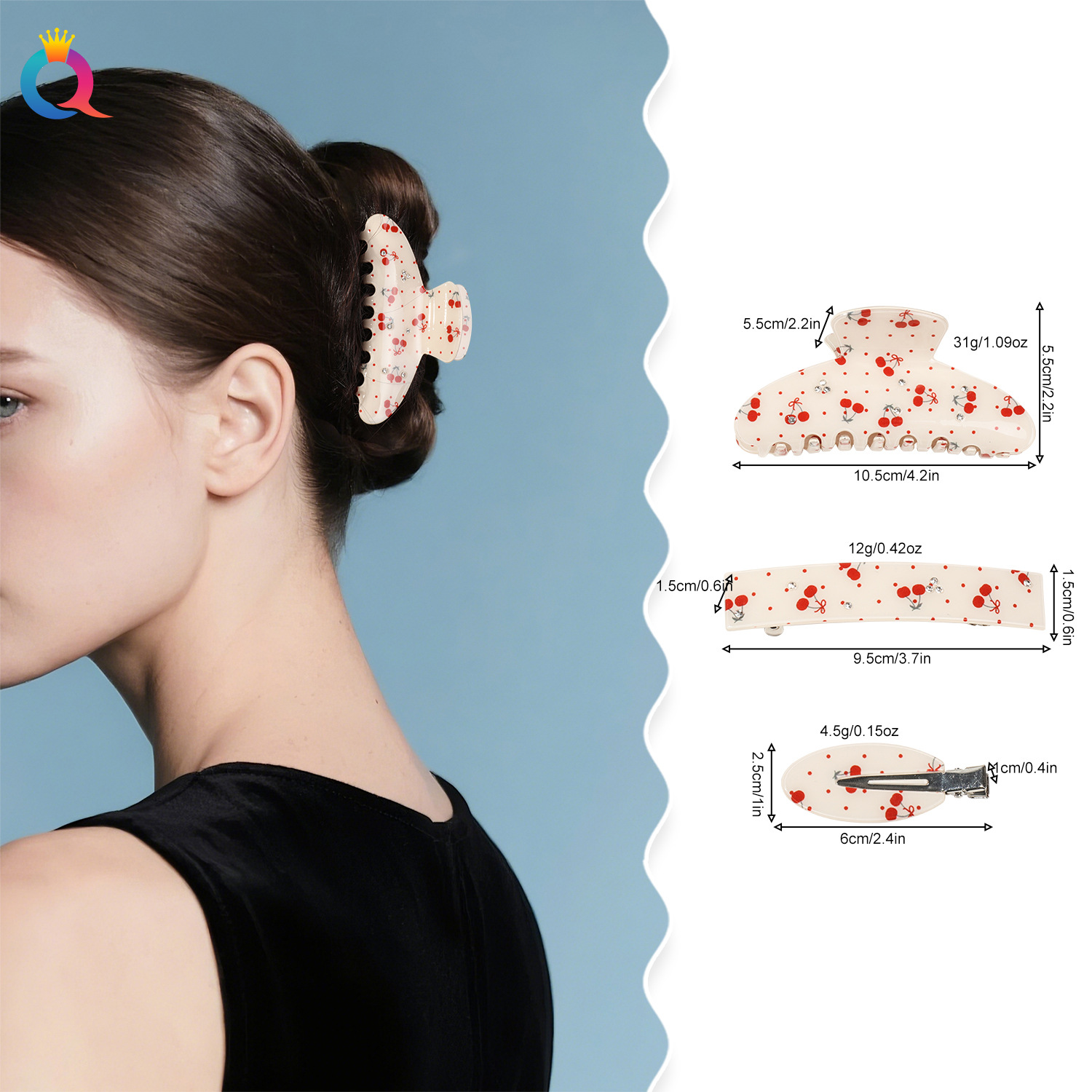 Qiyue retro diamond-encrusted acrylic hair clip, floral cherry print scratch-off clip, versatile shark clip hair accessory for women's charm details Picture