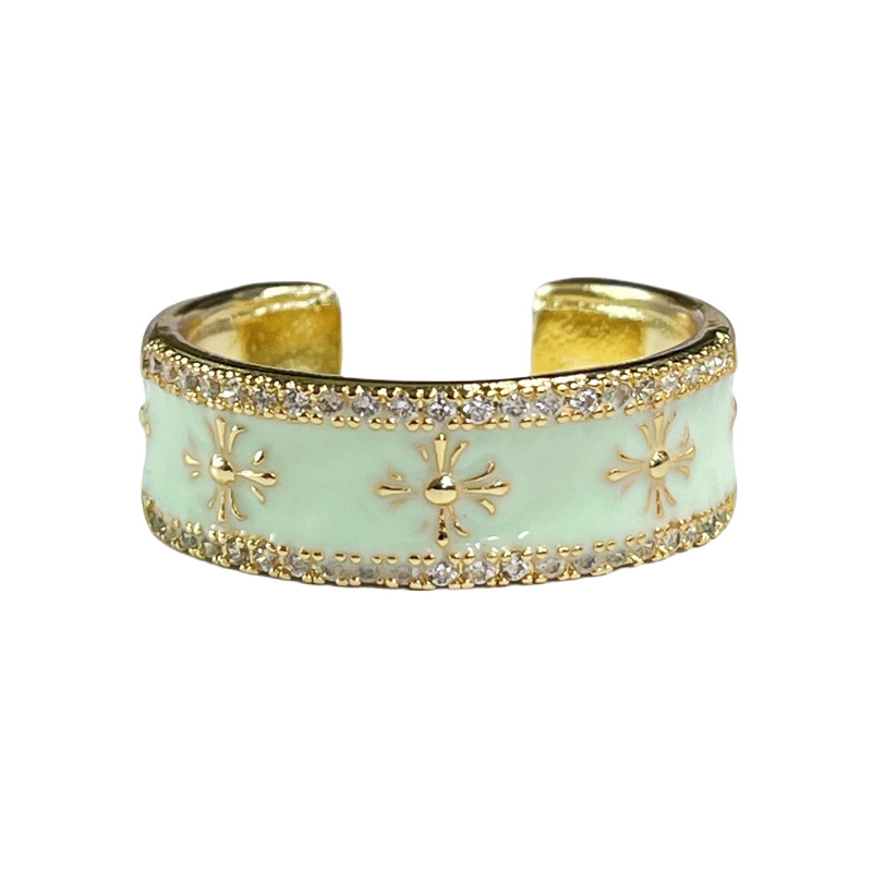 French light luxury Mambo style mint green drip glaze flower open ring, a geometric high-end and elegant fashionable ring for women Item Picture