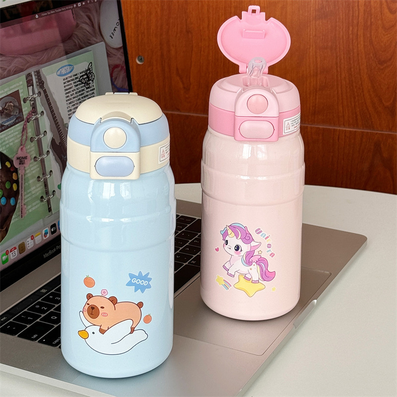 Cute and fun cartoon double-drinking insulated cup, girls' high school appearance level, outdoor portable stainless steel children's insulated cup with handle rope full figure