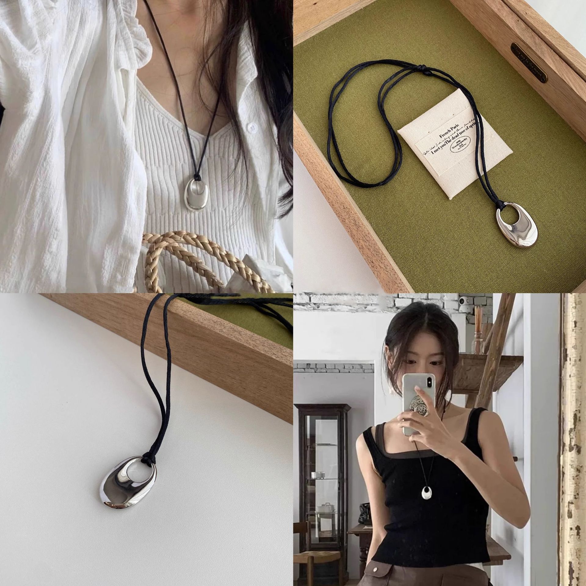 This is a long black rope bean necklace with a touch of luxury and sophistication for women, featuring a unique leather rope collarbone chain full figure