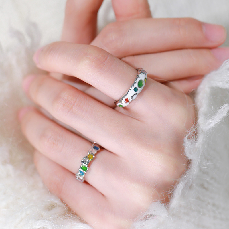 Irregular square, colorful drip glaze, niche design, open ring, women's Instagram, cold style, high-end style, food ring trend Specification drawing