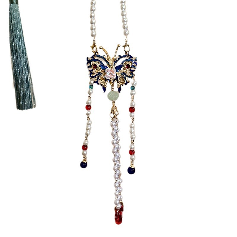 Hanfu ancient-style accessories, extended imitation pearl necklace, court retro necklace, Song-style blue glazed pendant for women Item Picture