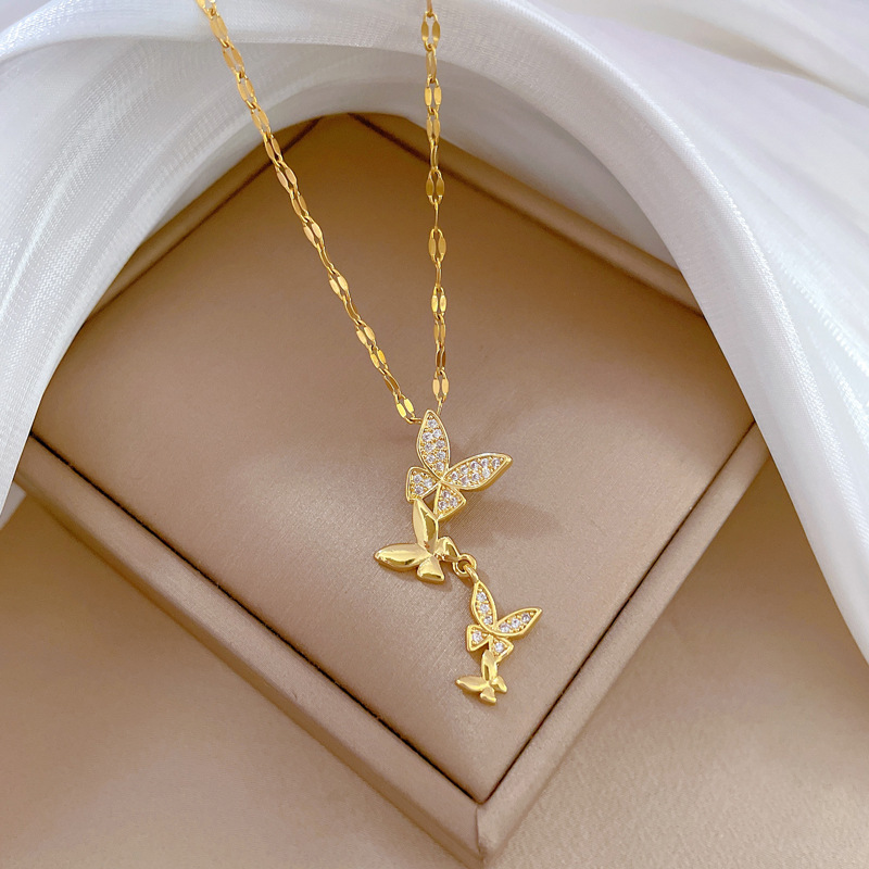 【 Titanium Steel 】 Butterfly tassel, light luxury, luxurious, full diamond necklace, versatile collarbone chain for female Internet celebrities, titanium steel chain Specification drawing